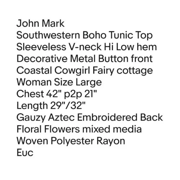 John Mark Boho Tunic Top Large Aztec Gauzy Embroidered Floral Striped Button - Picture 8 of 12